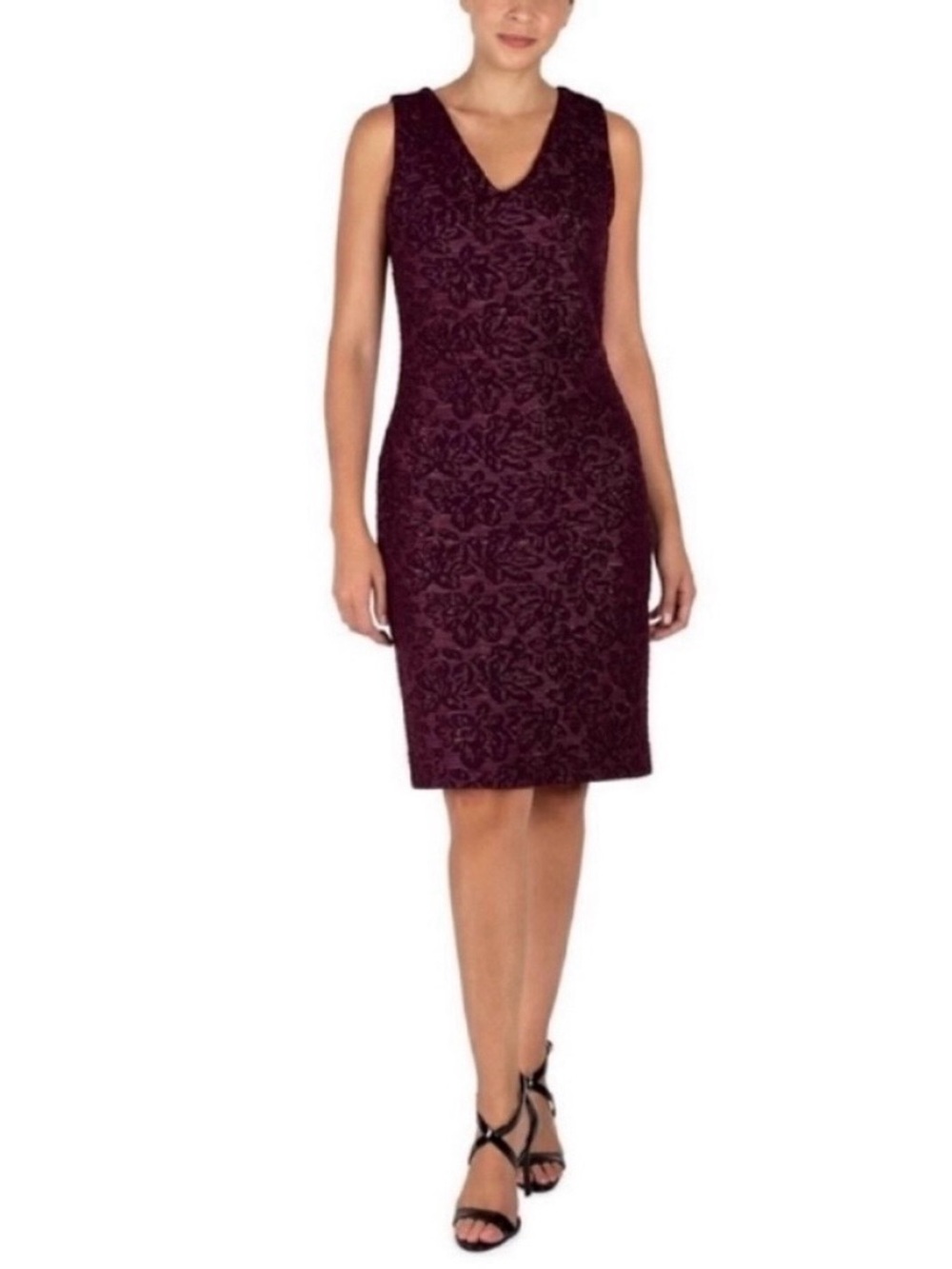 🌺 Maroon DONNA RICO Jacquard V-Neck Sheath Dress - Size 6